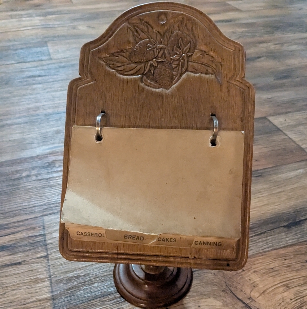 Vintage Recipe Book Wooden Holder Stand Fruit Carving Ephemera MCM 60s Rare Find